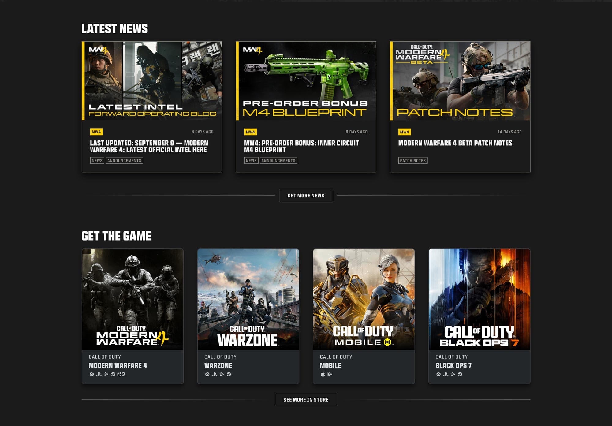 Call of Duty Hub news and store section