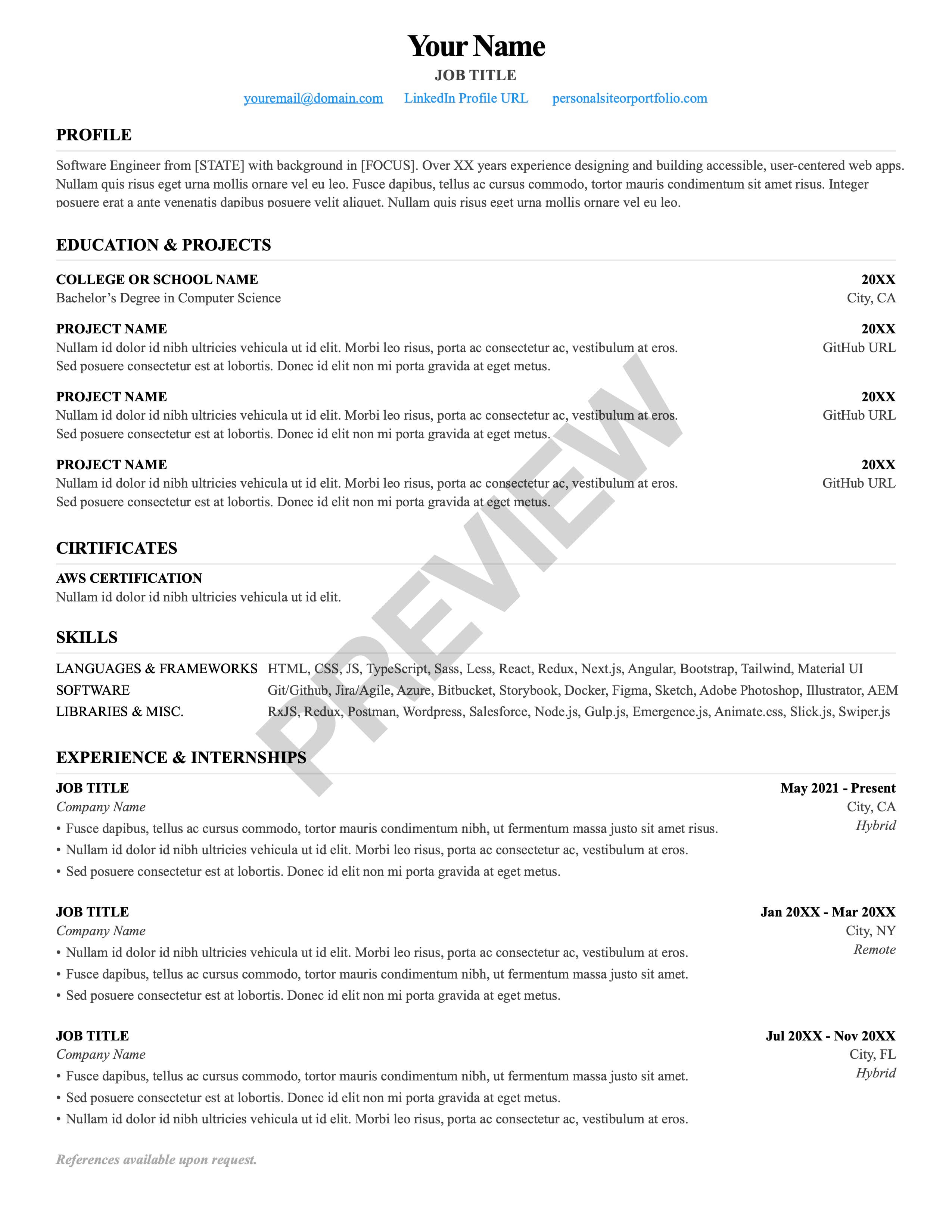 Junior clean modern serif resume template preview